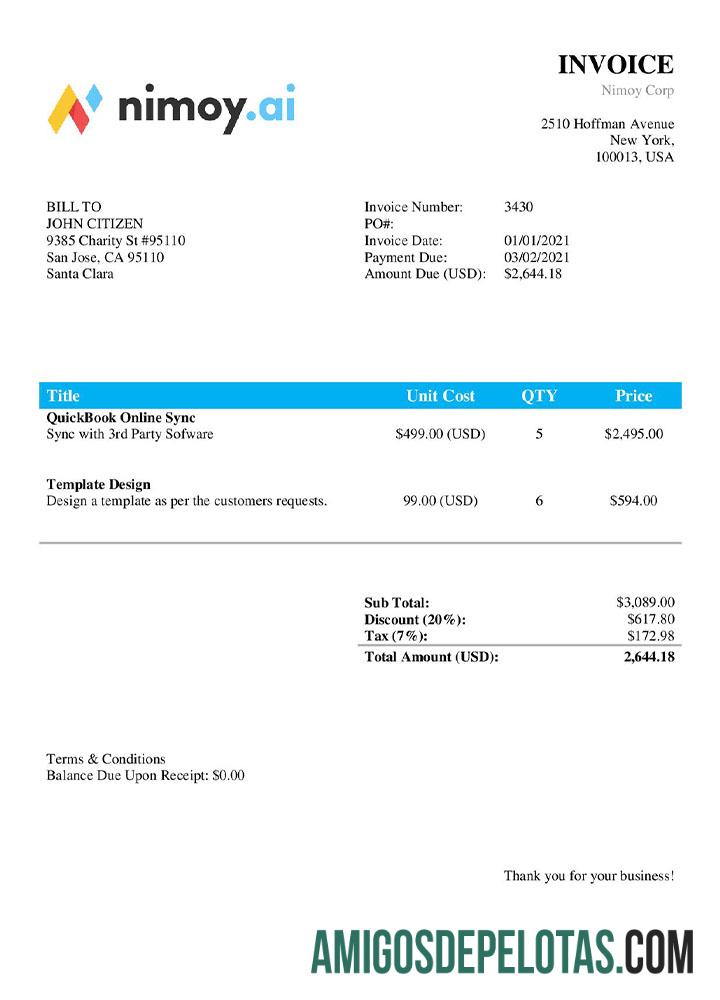 imprimível Modelo de fatura da USA Nimoy Corp